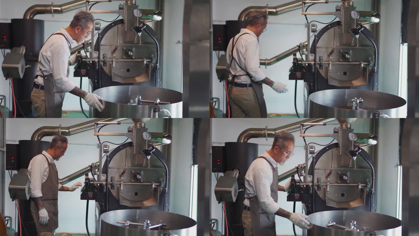 亚裔中国高级工匠在他的工厂检查烘焙咖啡豆的冷却过程