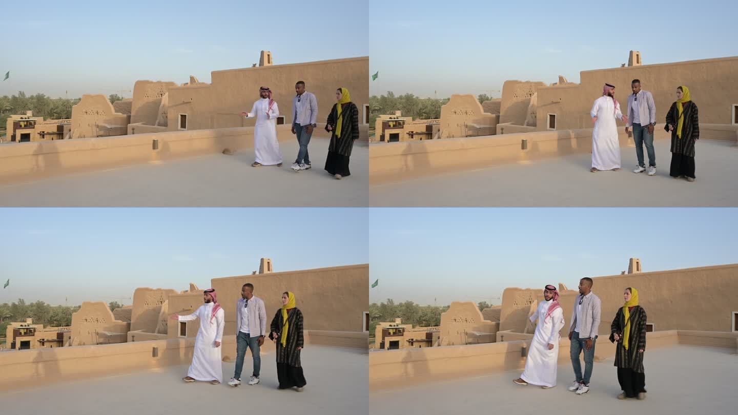 沙特导游和游客参观利雅得附近修复的废墟