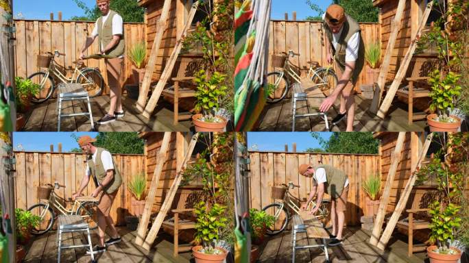 木匠测量木材木质结构外国人的院子搭建