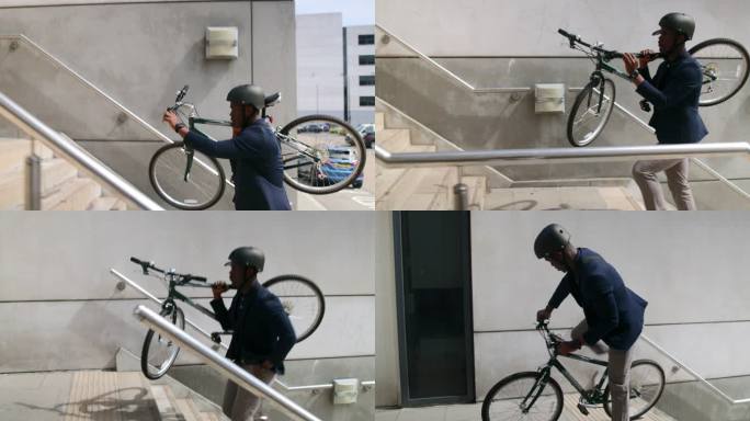上下班的人把自行车抬上楼梯