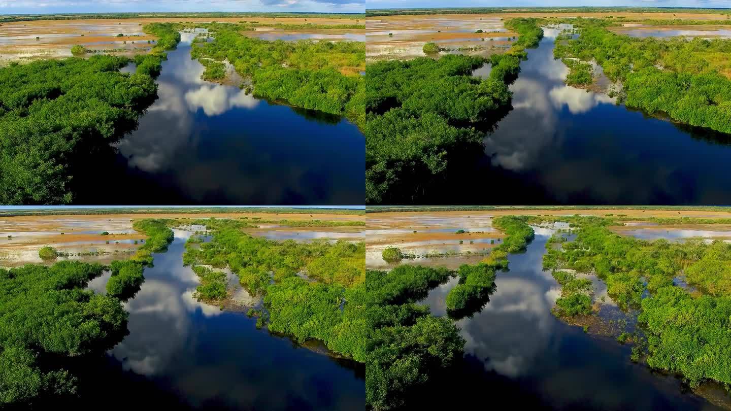 佛罗里达州日落时的大沼泽地国家公园鸟瞰图。沼泽和植被