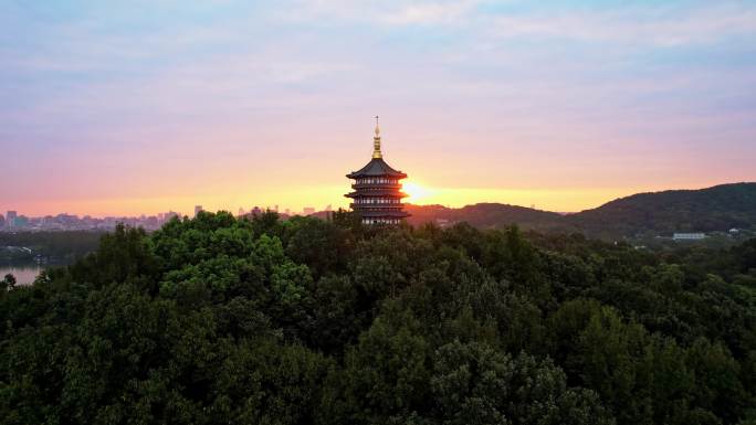 航拍杭州雷峰塔日出美景 多镜头