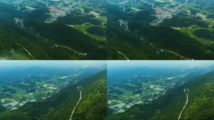 航拍山区山村稻田山云雾自然风光