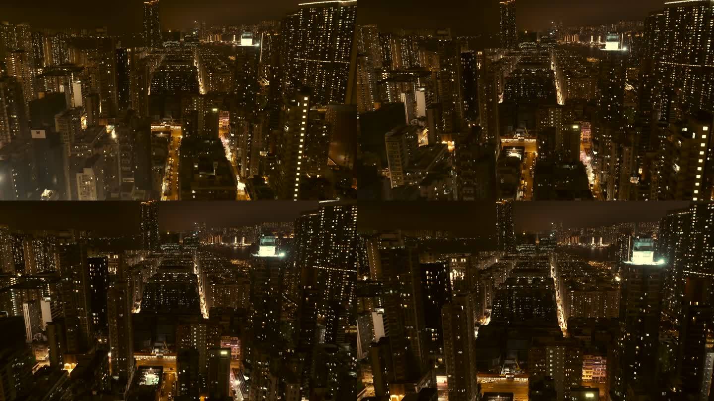 夜间香港拥挤建筑的无人机视图