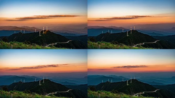 九宫山山区山顶风车霞光普照大地日落延时