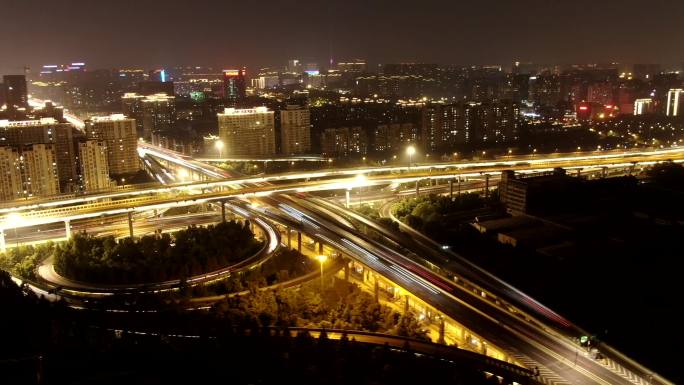 杭州城市夜景高架桥延时航拍