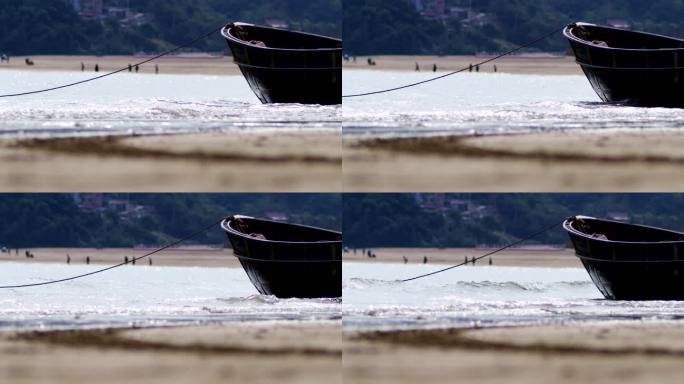 泊船 纤绳 海浪 沙滩 岸边