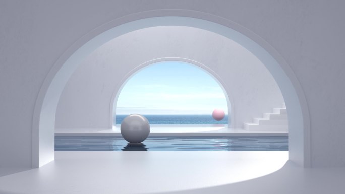 海边半圆形门洞建筑内水面上随流漂移的小球