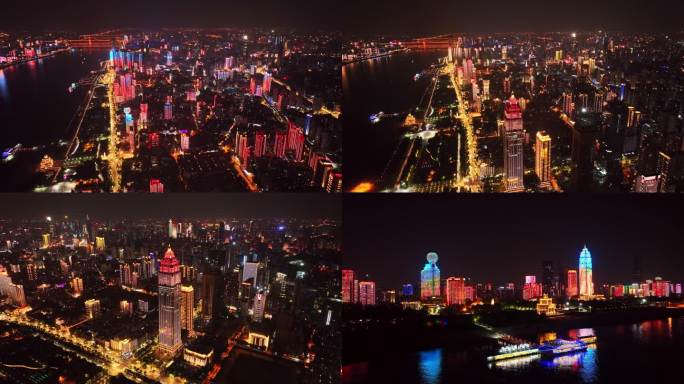 武汉汉口江滩夜景灯光秀城市航拍