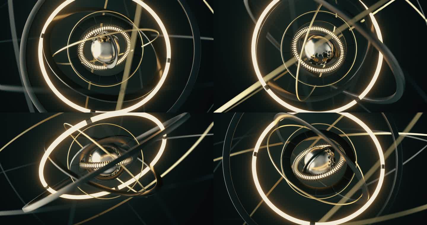 抽象的金属球和围绕它旋转的金属环。抽象出一个复杂的旋转机构。