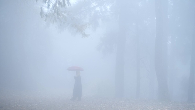 秋天山里雾中打伞走过