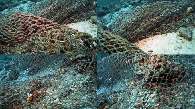 水下丢弃的幽灵网是一个堵塞珊瑚礁的渔网
