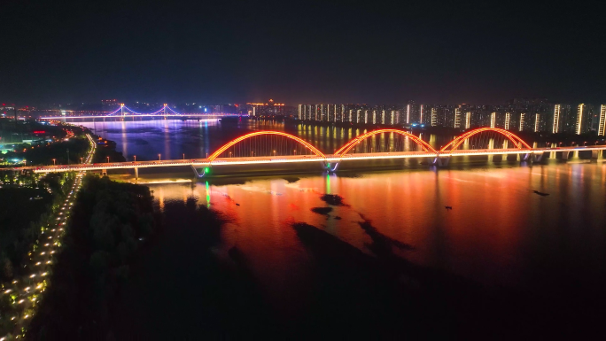 湖南长沙福元路大桥夜晚航拍高清4K素材