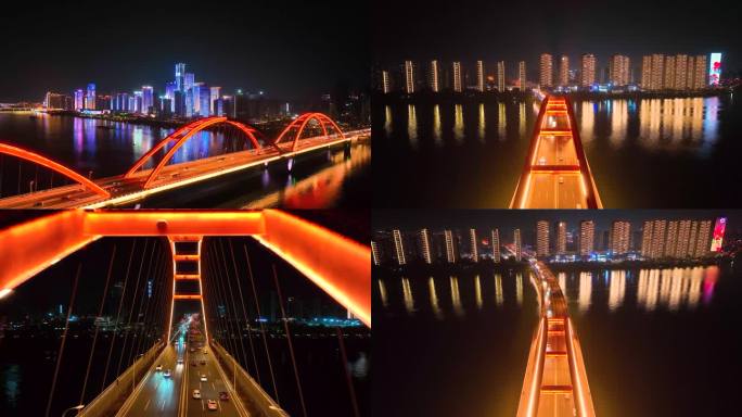 湖南长沙福元路大桥夜晚航拍高清4K素材