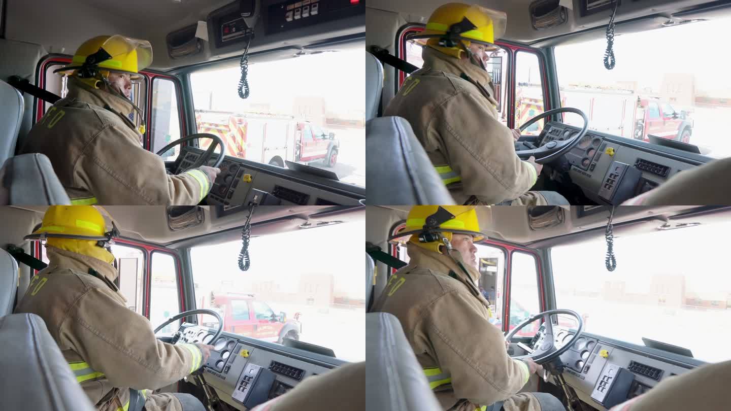 消防人员驾驶消防车应对紧急情况，通过双向无线电通信