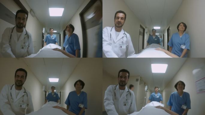视角：医生在被推上担架时与患者交谈