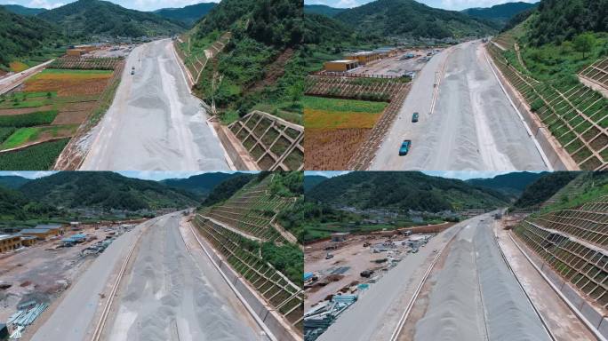 公路视频山区高速公路堆满混凝土施工工地