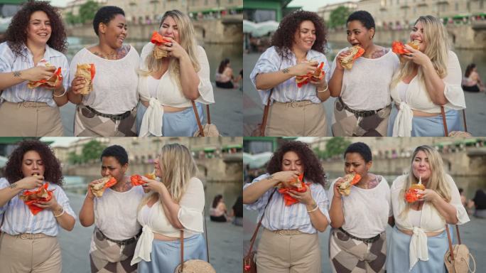 女性朋友正在享用美味的当地街头美食