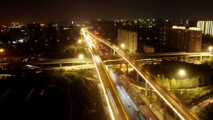 杭州城市夜景高架桥延时航拍