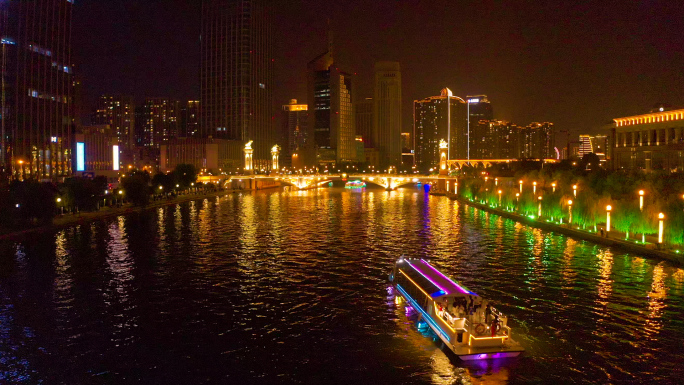 天津夜景海河夜景航拍游船繁华城市风貌地标