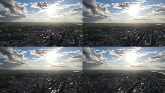 4k航拍太阳当头俯瞰城市