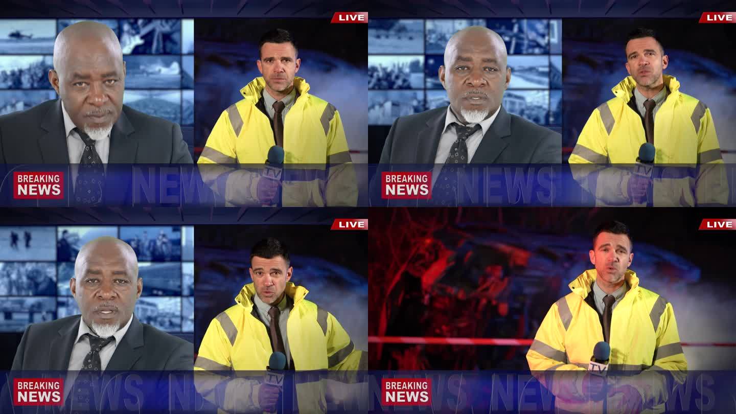 4K视频记者现场报道关于坠机事故的电视新闻