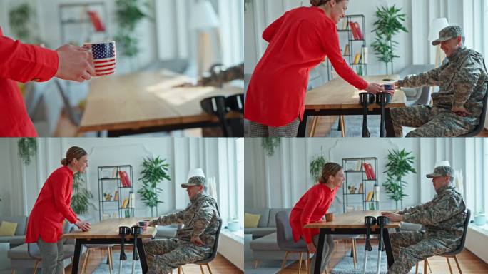 战争结束后，一名士兵回到家里，和他的妻子谈论他在军队的时间