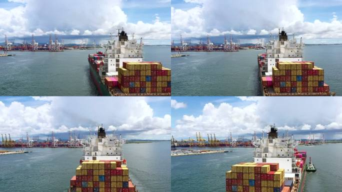 集装箱船进港航拍巨轮超大型货轮进港靠岸