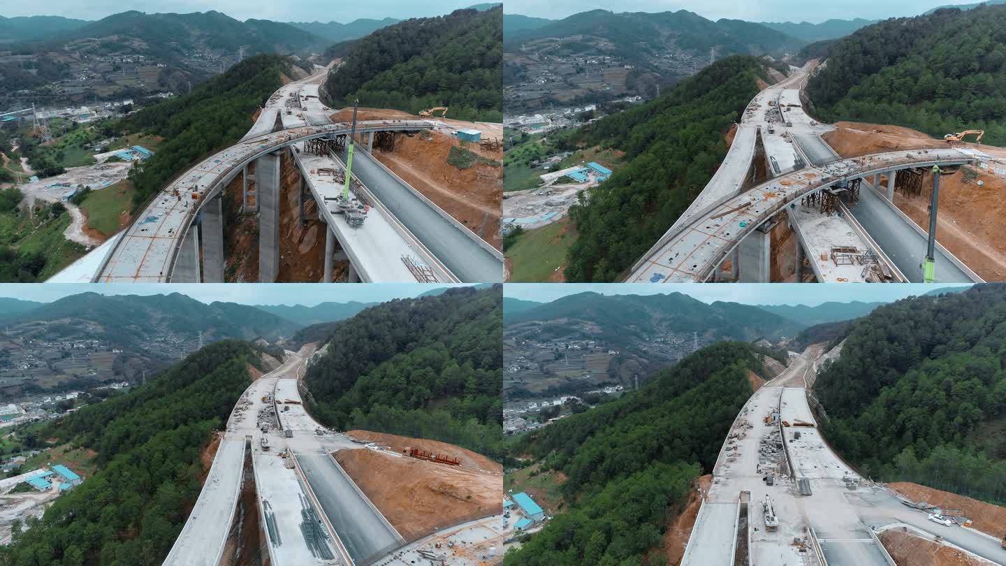 公路山区高速公路钢结构桥梁吊装施工工地
