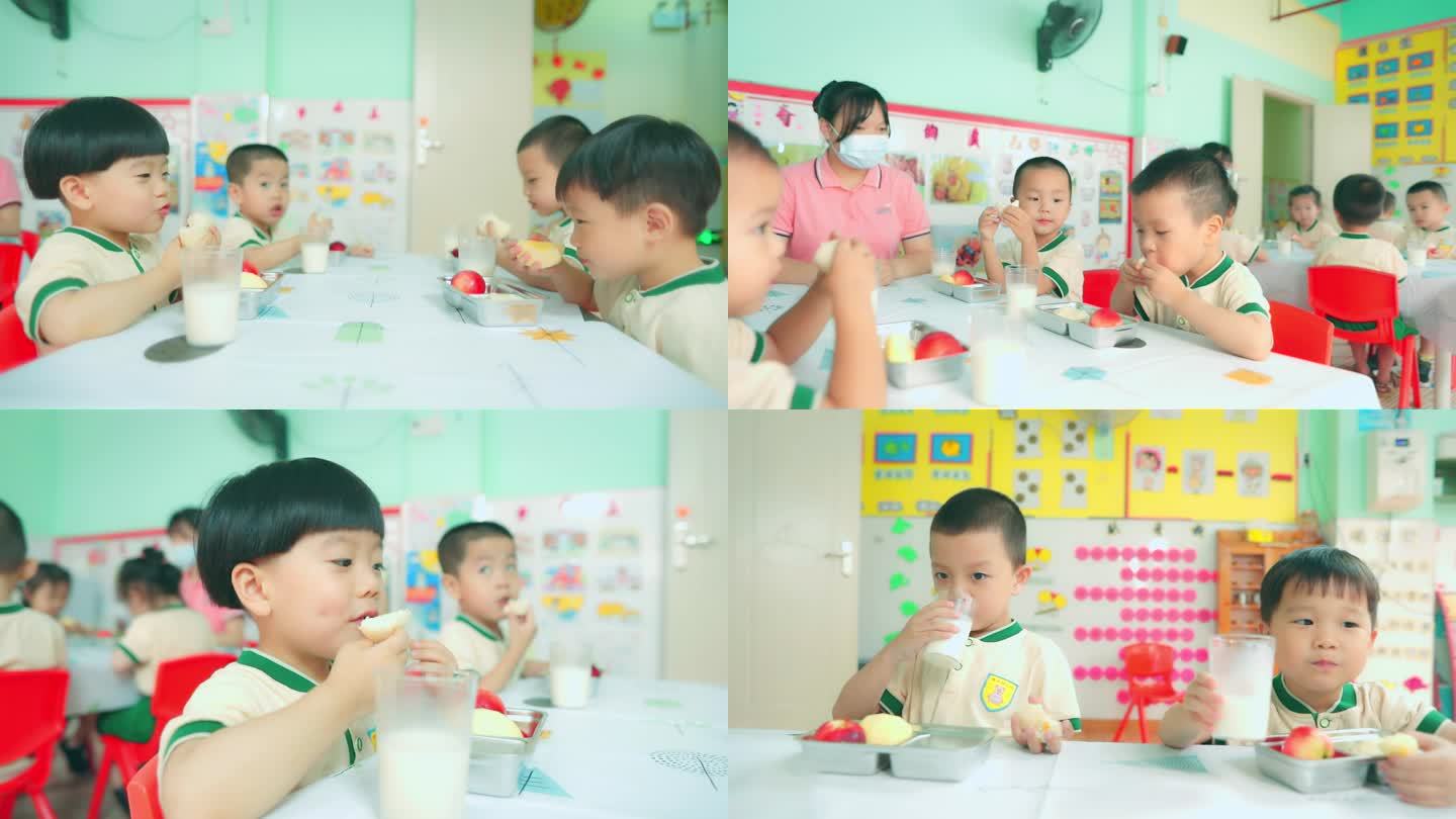 天真孩子微笑讲卫生幼儿园小朋友吃早餐中餐