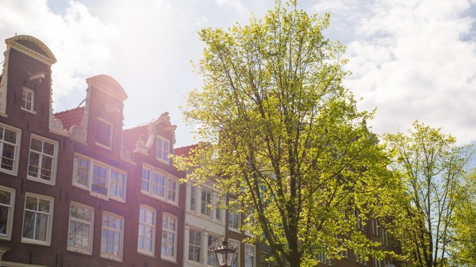 在一个阳光明媚的日子探索阿姆斯特丹市，欣赏传统的运河房屋