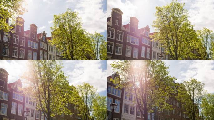 在一个阳光明媚的日子探索阿姆斯特丹市，欣赏传统的运河房屋