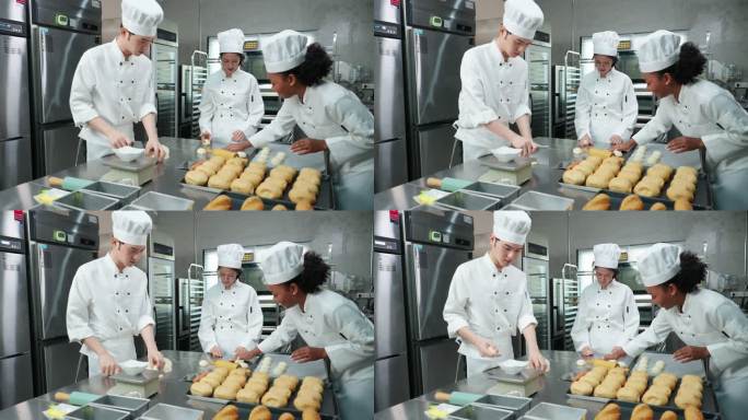 穿着白色制服的多种族青年厨师一起工作，制作面包、面包和法式面包，在烤箱中打样和烘焙之前称重、揉捏和成