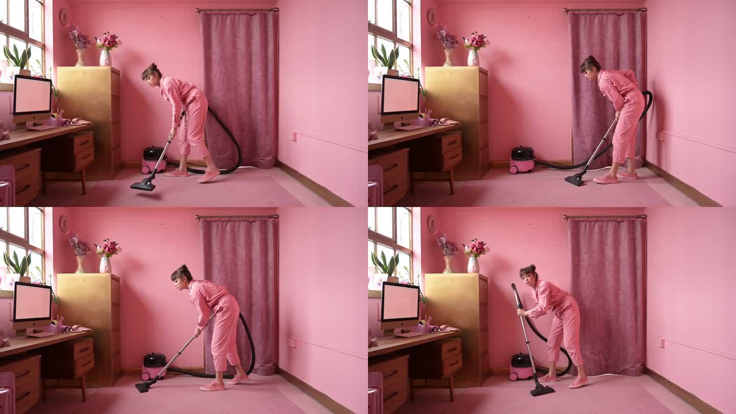 40年代初，一位女士在粉红色的家庭办公室用吸尘器清理地毯