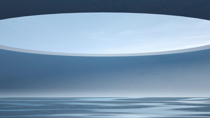 巨大圆形天窗下波浪汹涌的水面C4D动画