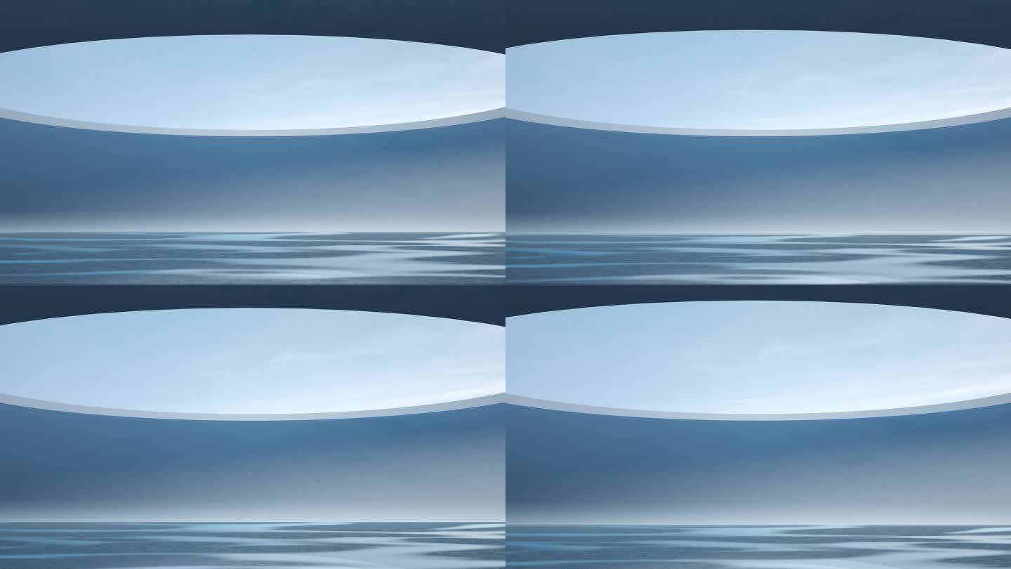 巨大圆形天窗下波浪汹涌的水面C4D动画