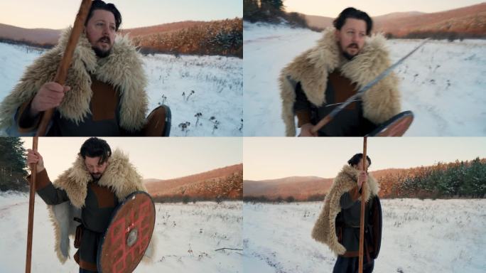 中世纪战士的B卷，冬季带着长矛和盾牌在森林中行走