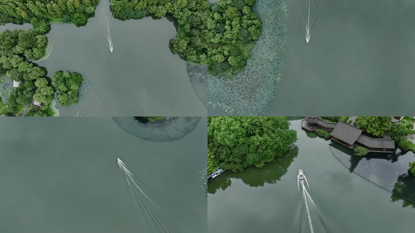 杭州西湖杨公堤隐秀桥游船4k航拍