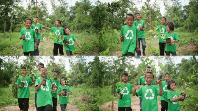 一群环保志愿者在森林里种树。地球日。