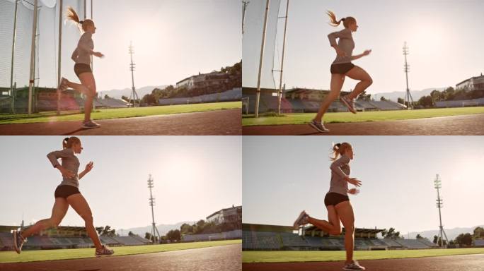 SLO MO TS女运动员在阳光体育场跑道上跑步