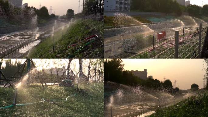 夕阳下的喷灌慢镜头唯美灌溉绿化城市建设