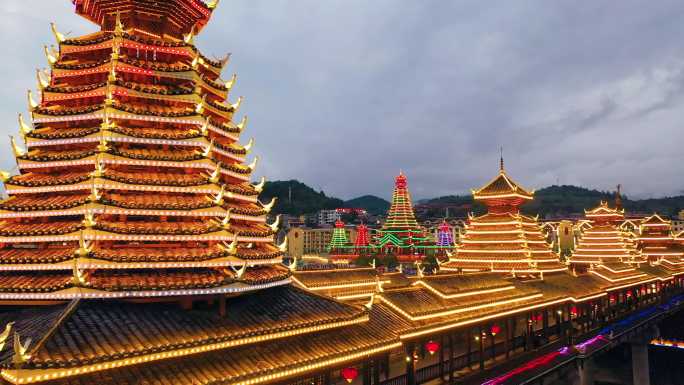 风雨桥 航拍古建筑 侗族人文 桥梁 夜色