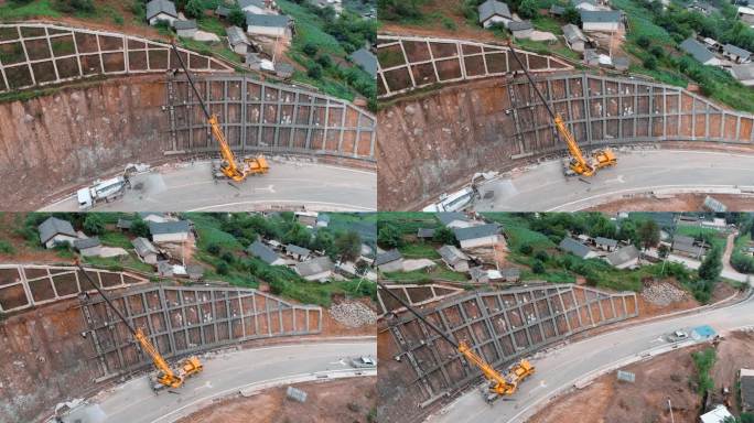 公路视频云南山区高速公路挡土墙施工工地