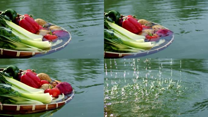 竹篮 蔬菜 河流 洗菜 沥水