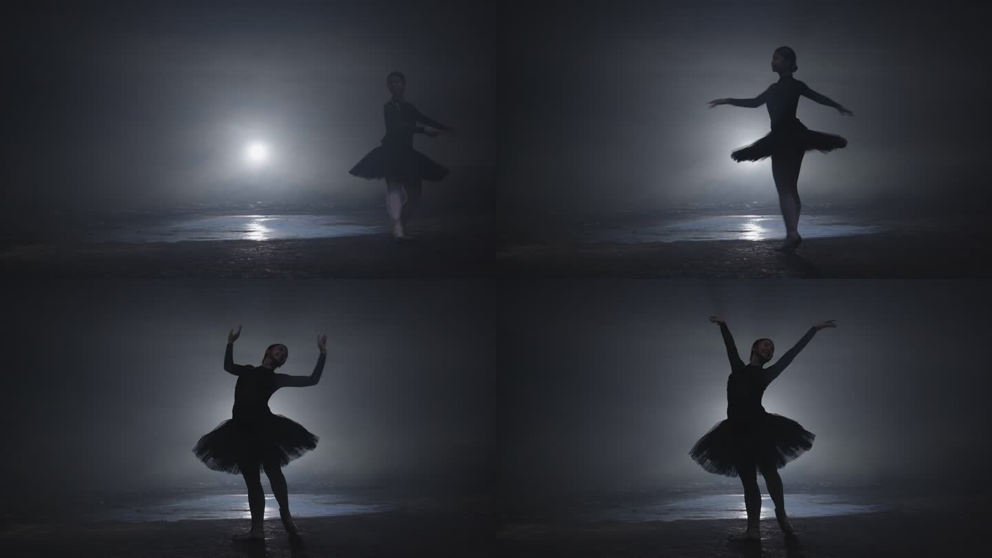 身着黑色芭蕾舞短裙的芭蕾舞演员在舞台上舞动着神奇的蓝光和烟雾。穿着芭蕾舞鞋的年轻迷人舞者的剪影在黑暗