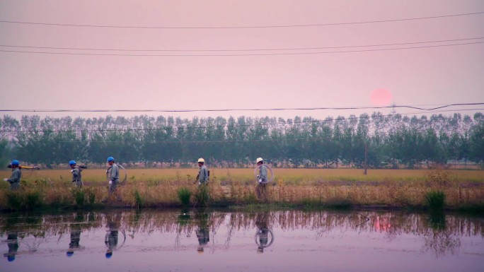 夕阳下行走在田间小路的电力工人