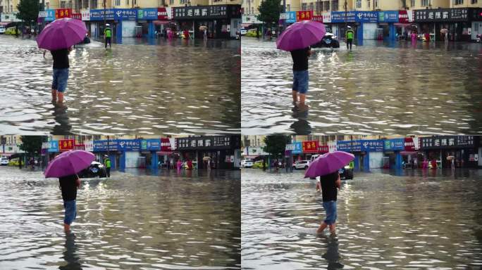 暴雨过后涉水过马路