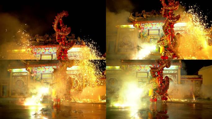 春节晚上的龙舞表演和烟火。