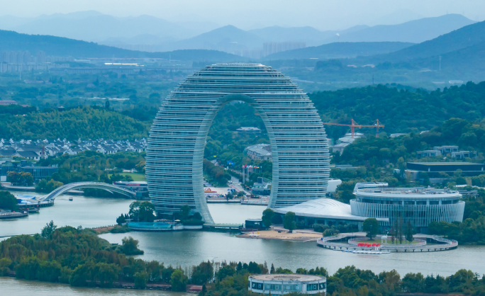 浙江湖州地标月亮湾酒店最新航拍4K角度全