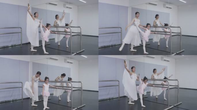 芭蕾舞学校的老师帮助年轻的芭蕾舞演员进行不同的舞蹈练习。他们在芭蕾舞课上排练。老师和孩子们交流。